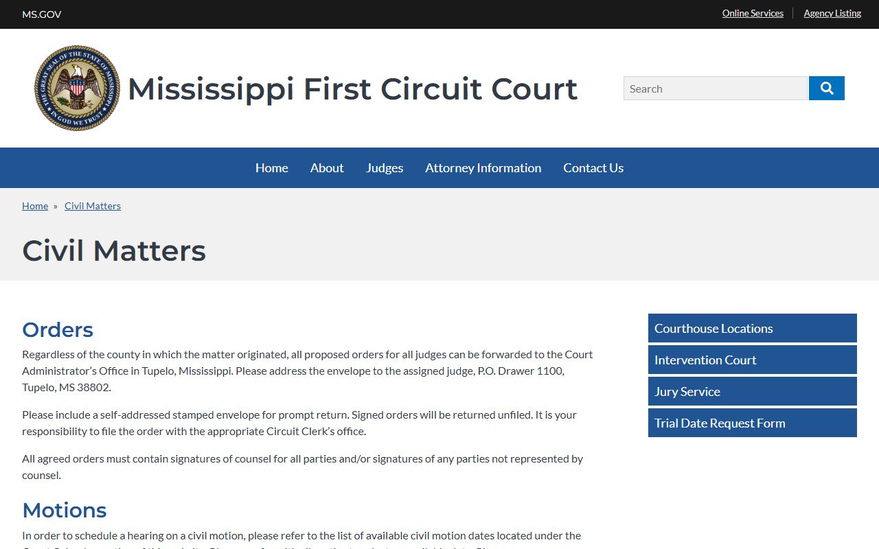 Alcorn County court dockets and First Circuit civil scheduling information