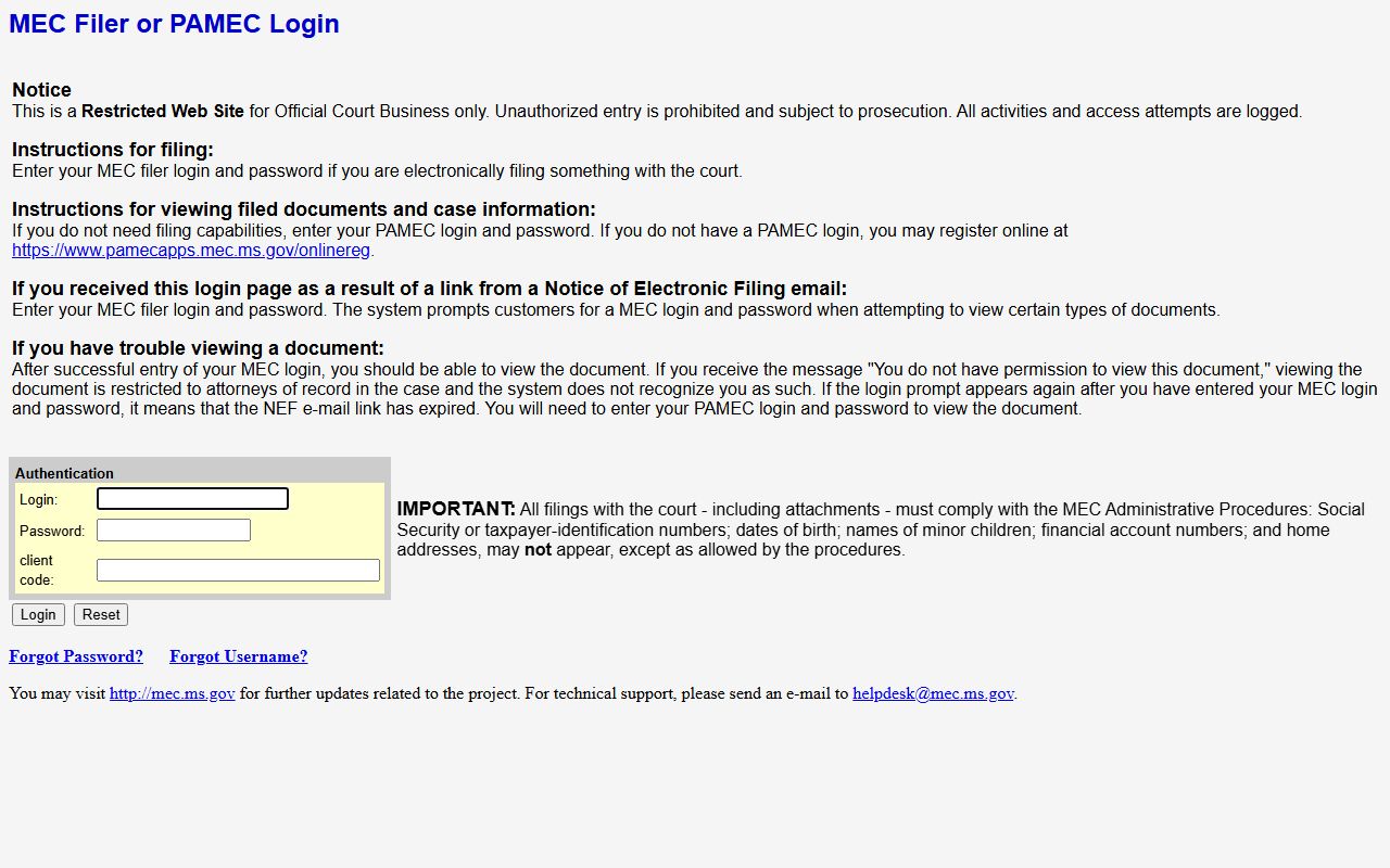 Alcorn County court dockets behind the First Circuit MEC and PAMEC login