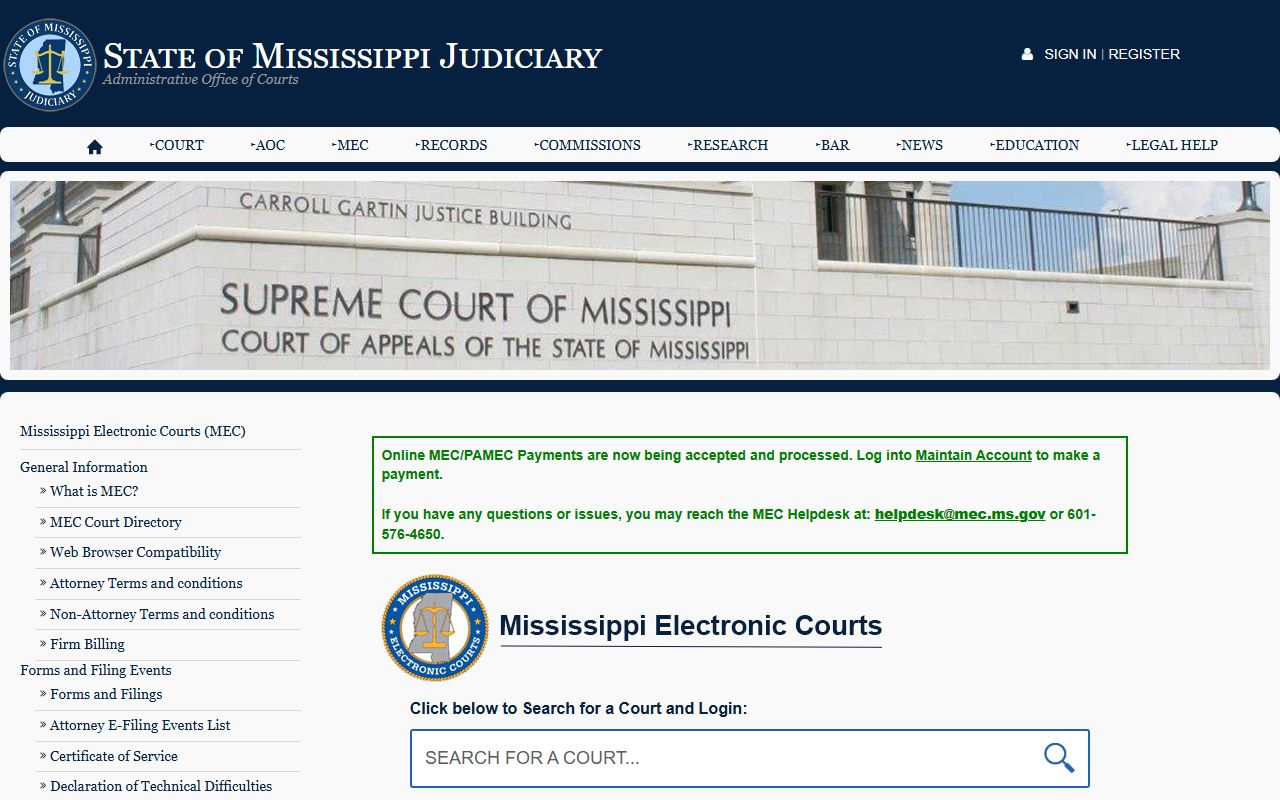 Alcorn County court records access through Mississippi Electronic Courts