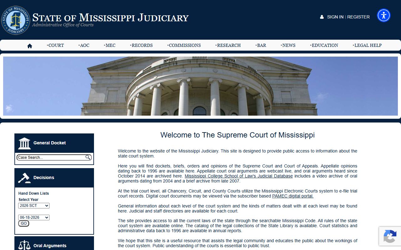 Alcorn County court records search starting point on the Mississippi Judiciary website