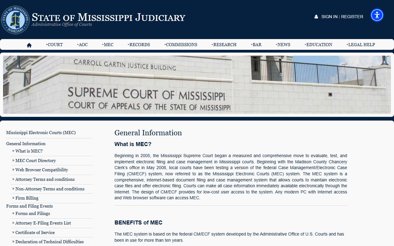 Alcorn County court records public access details on the MEC general information page