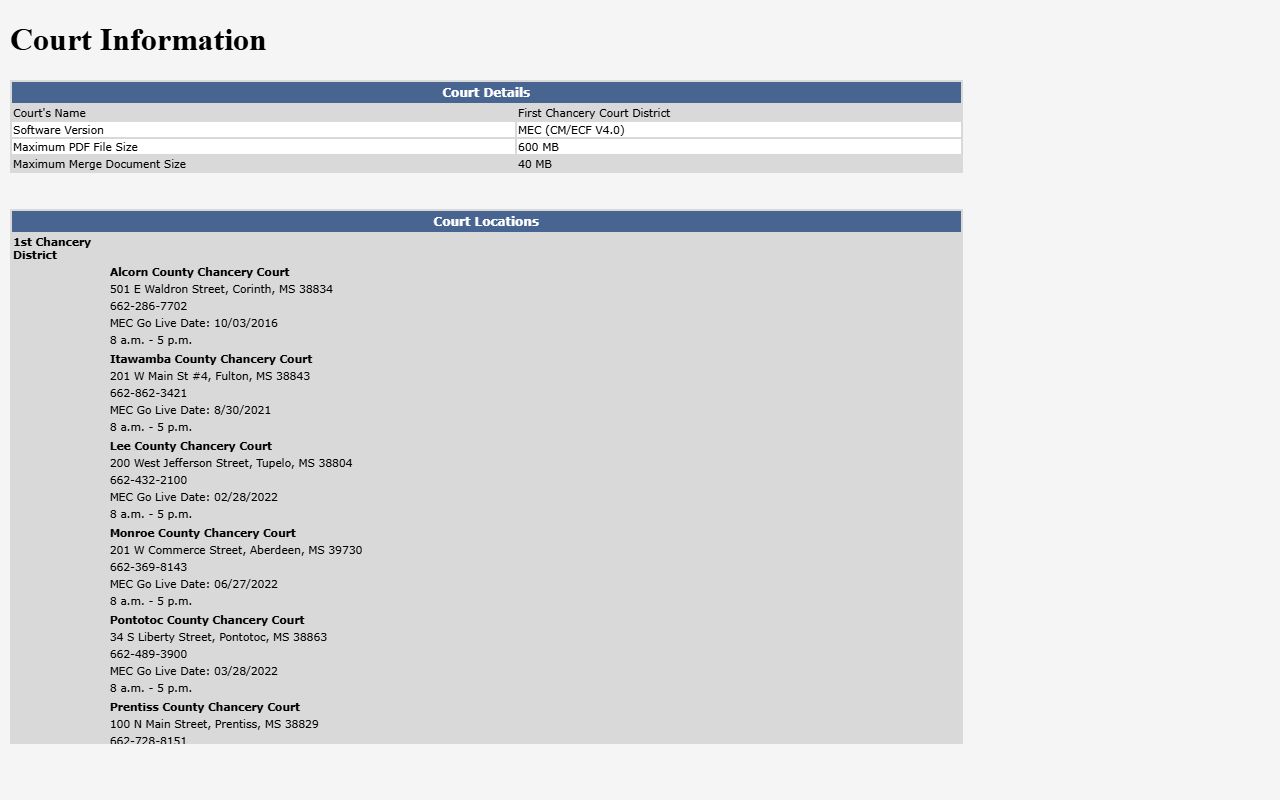 Alcorn County court records status flags on the First Chancery MEC court information page