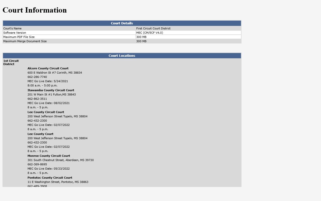Alcorn County court records detail on the First Circuit MEC court information page
