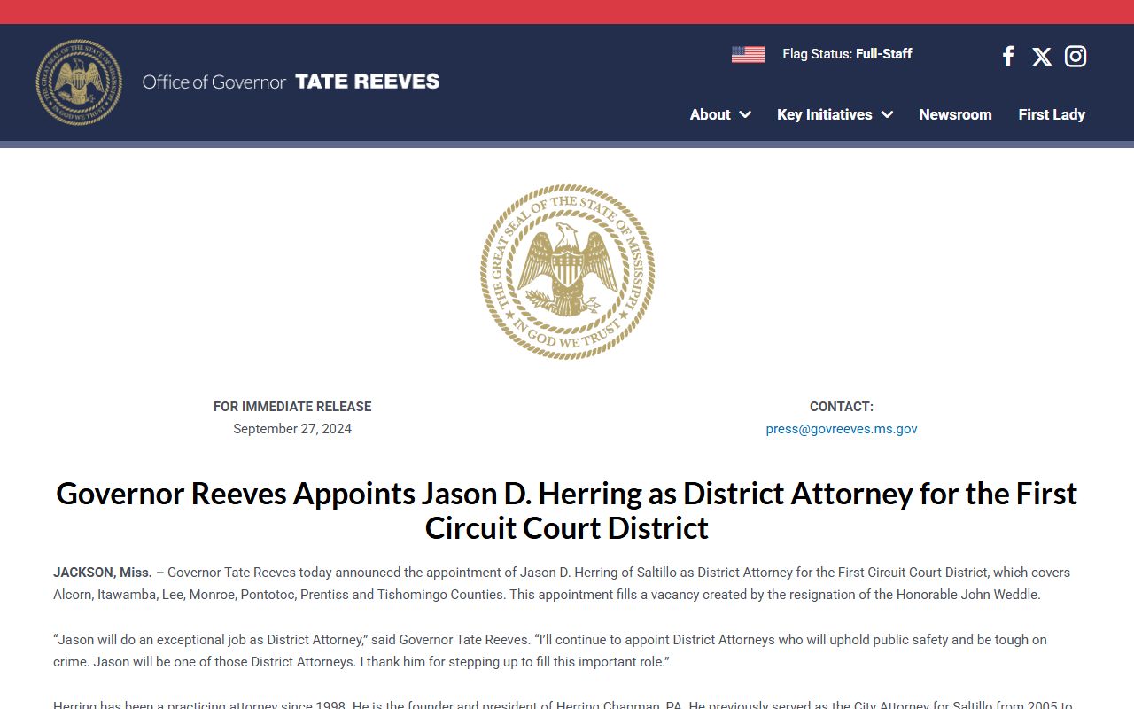 Alcorn County criminal court records - District Attorney appointment release