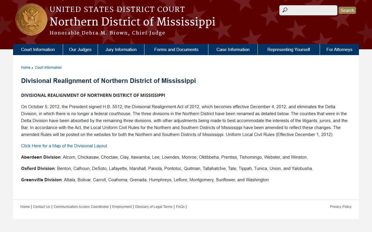 Alcorn County divisional realignment notice for the Northern District of Mississippi