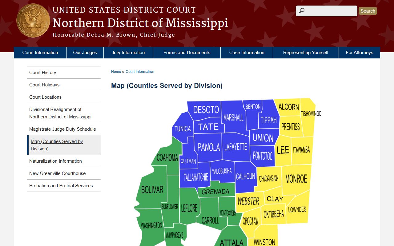 Alcorn County federal court division map for the Northern District of Mississippi