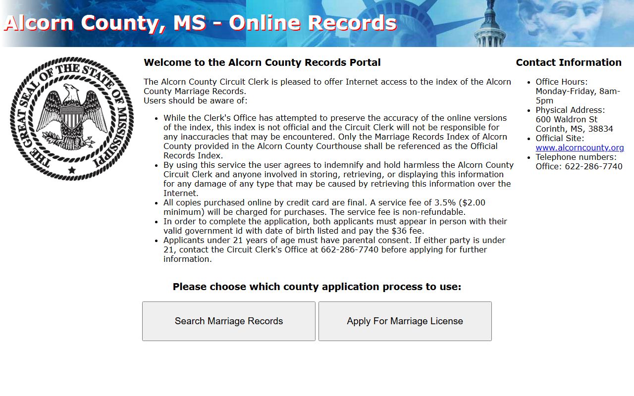 Alcorn County marriage records portal for index search and license application
