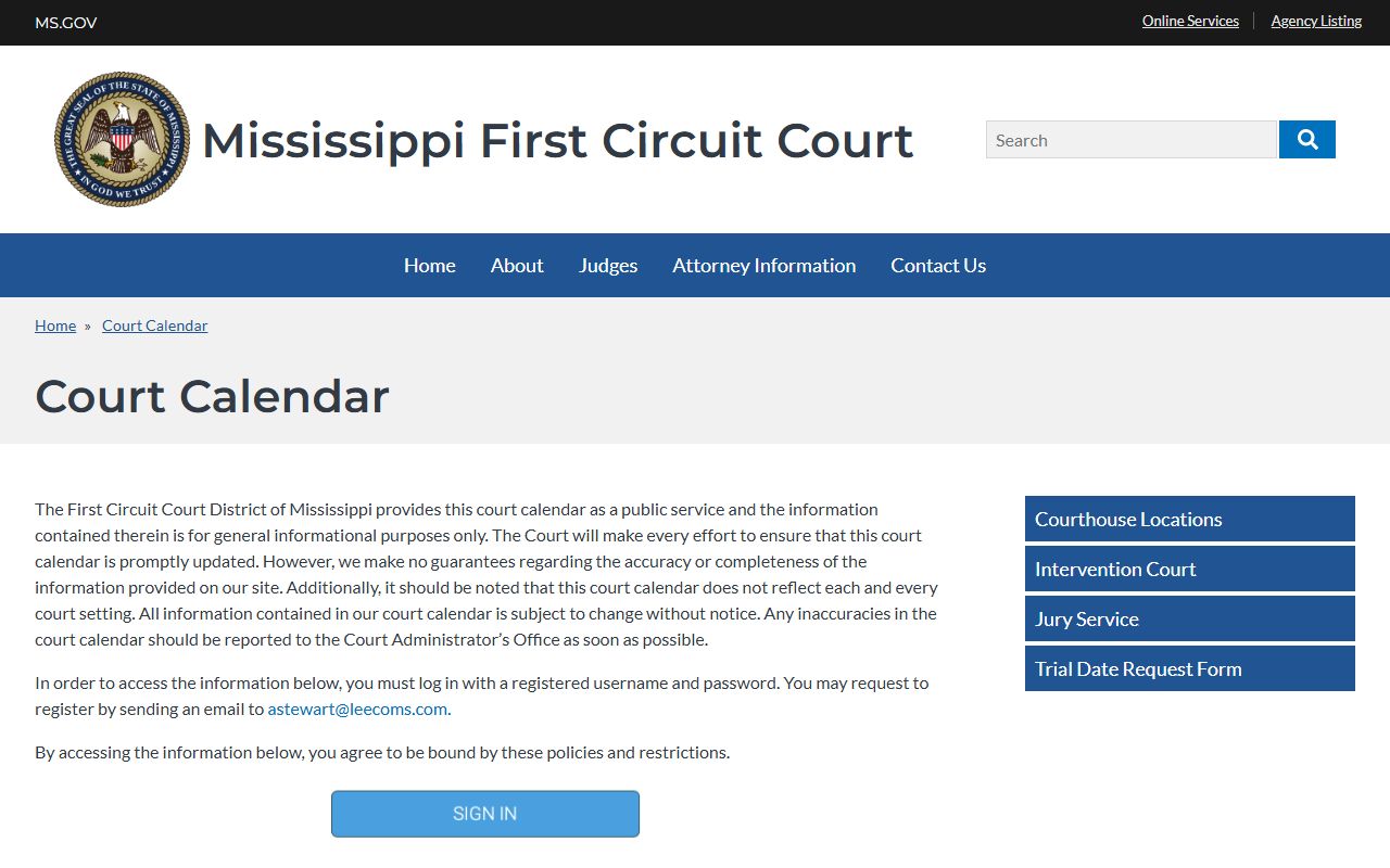 Alcorn County court records calendar access notice on the First Circuit site