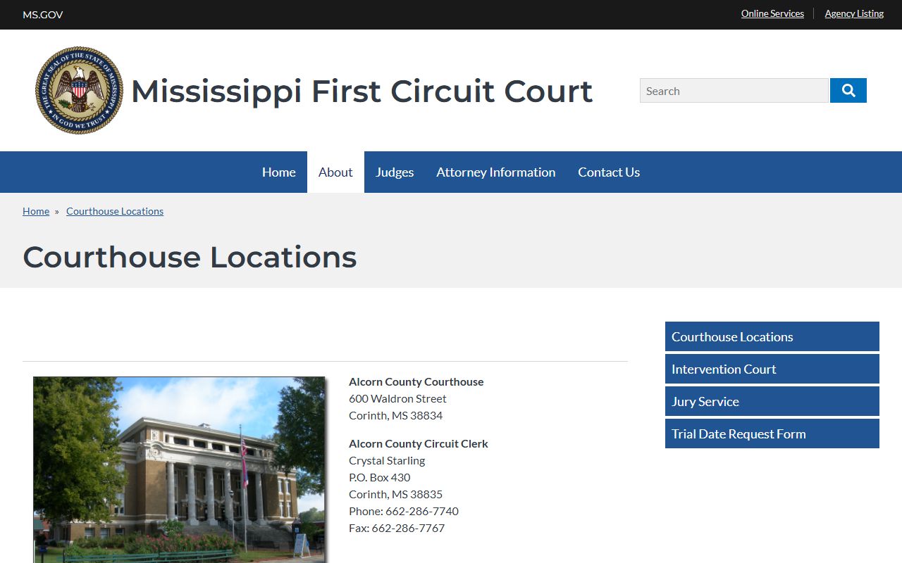 Alcorn County court records courthouse location listed on the First Circuit district site