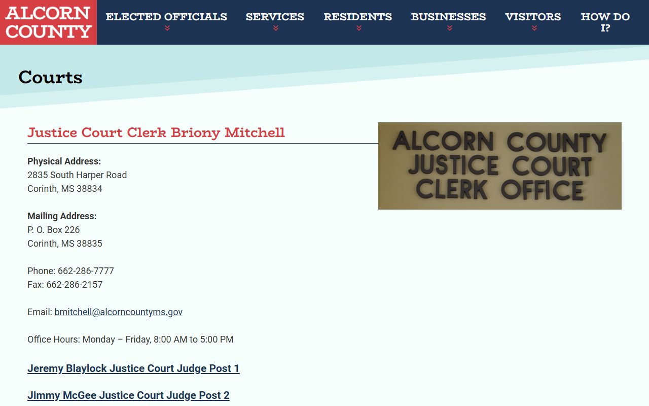 Alcorn County court records hierarchy shown through the county Justice Court page
