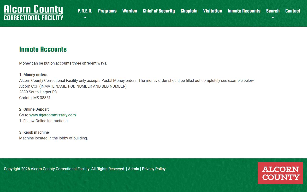 Alcorn County inmate records, Correctional Facility inmate accounts and deposit options