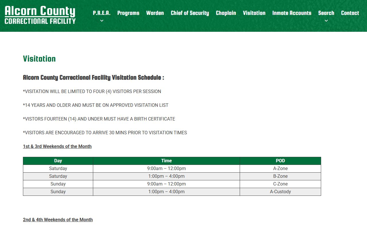 Alcorn County inmate records, Correctional Facility visitation schedule and rules