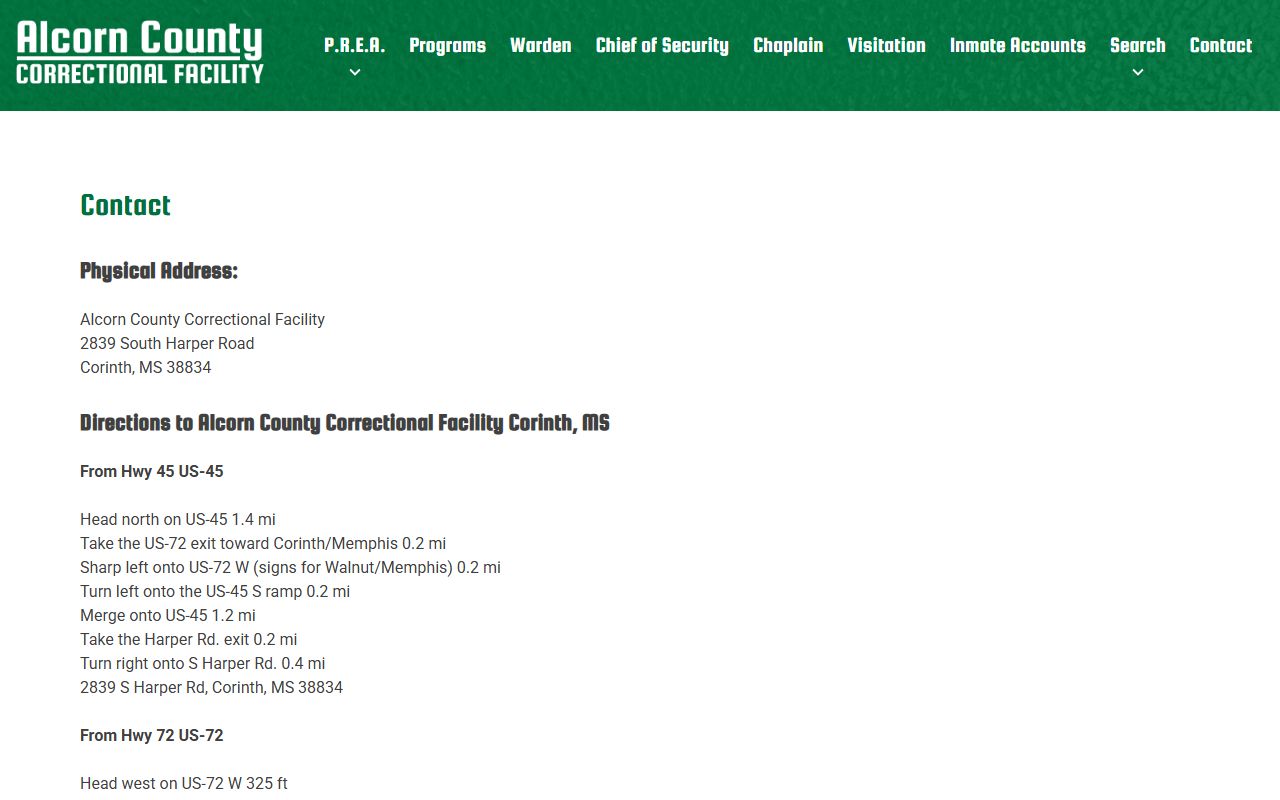 Alcorn County inmate records, Correctional Facility contact and mail address page