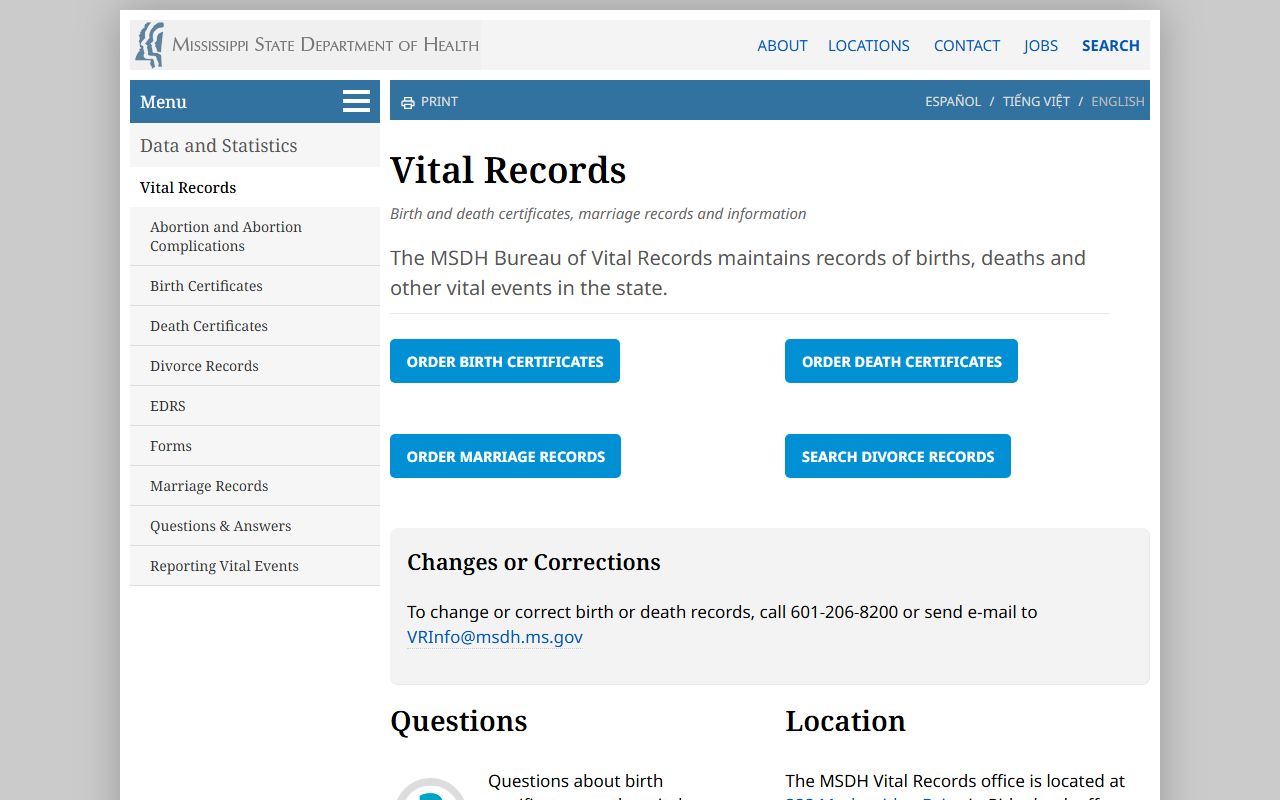 Alcorn County marriage and divorce records, Mississippi State Department of Health Vital Records