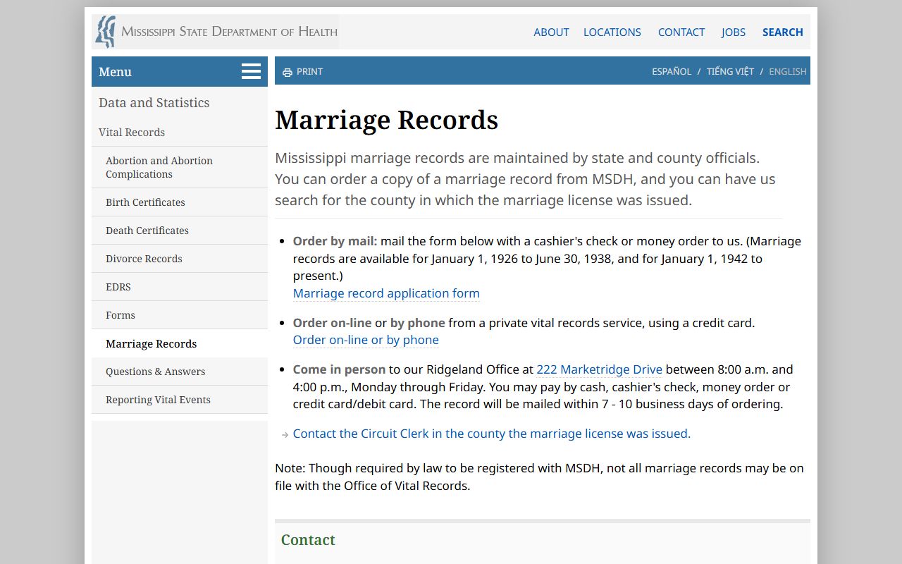Alcorn County marriage and divorce records, MSDH statewide marriage record copies