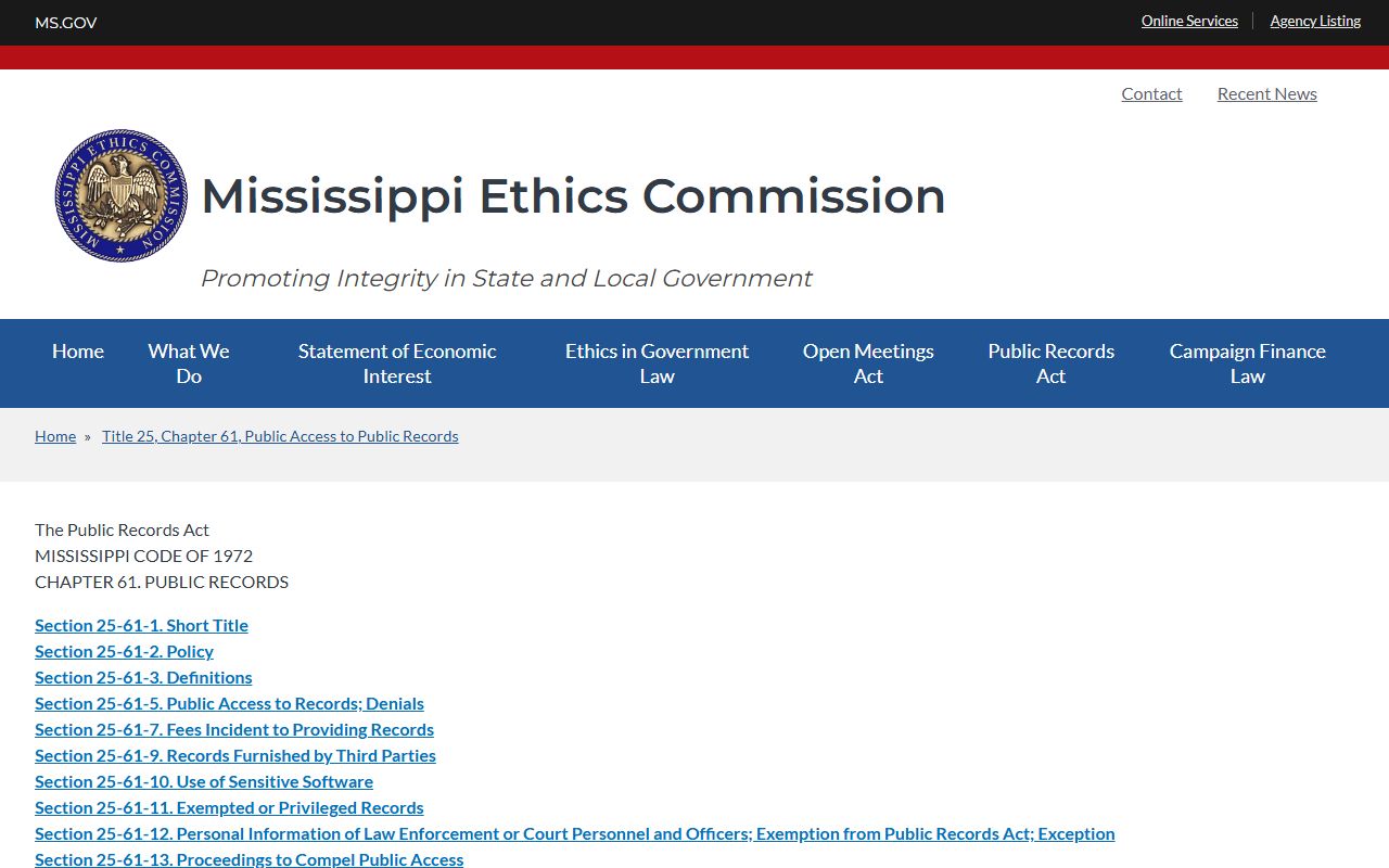 Alcorn County warrant records, Mississippi Public Records Act guidance page